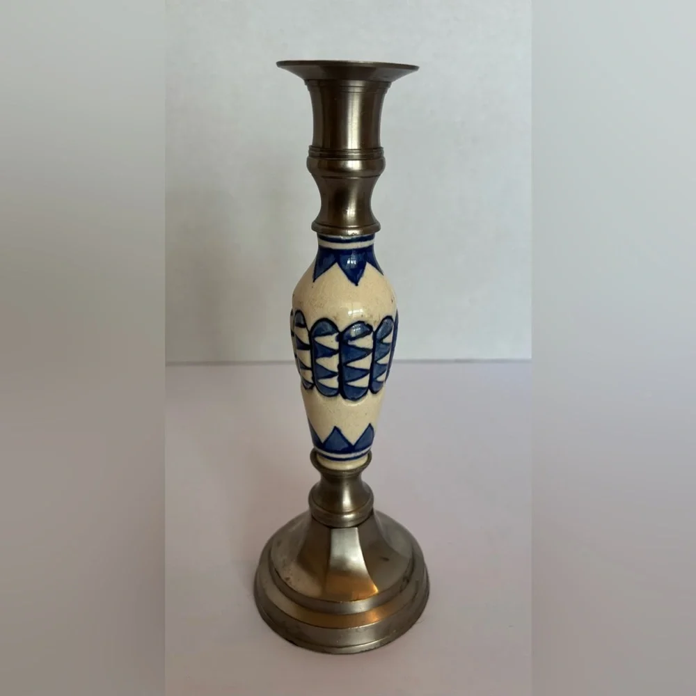 Vintage Blue & Cream Ceramic & Pewter Candlestick